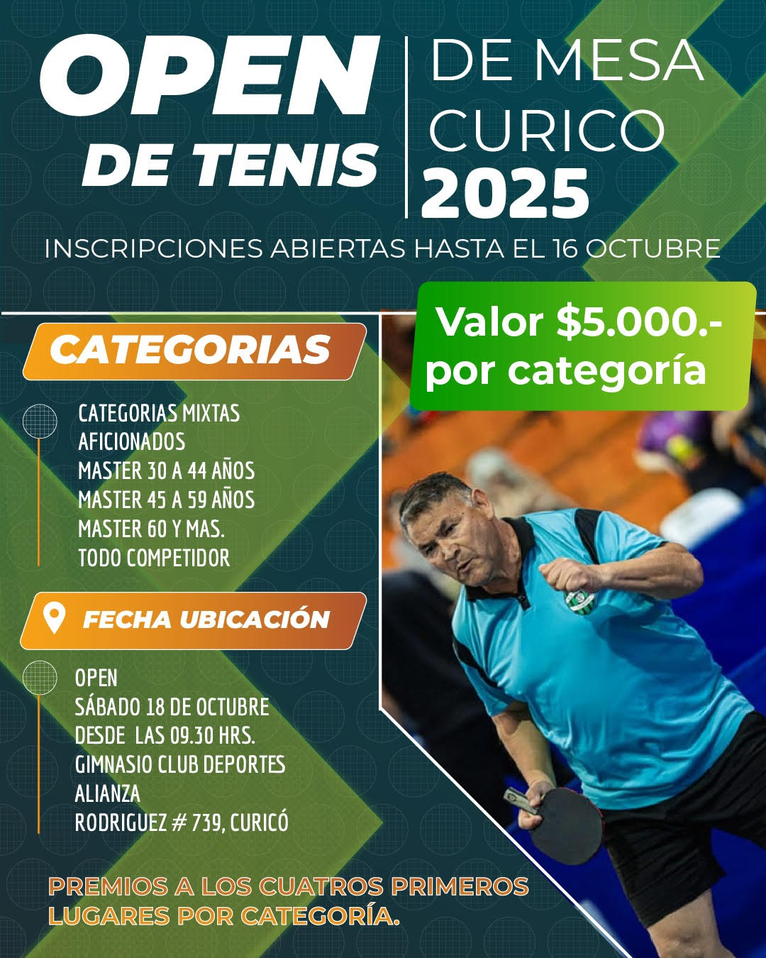 Curicó se prepara para el Open de Tenis de Mesa 2025: inscripciones abiertas hasta el 16 de octubre